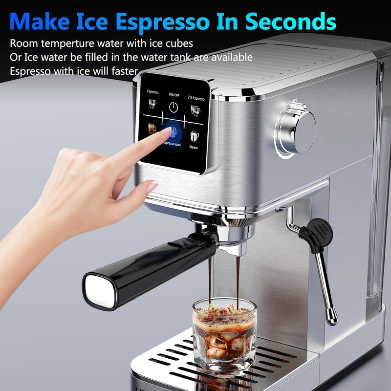 URintells Cuising Espresso Machine 20 Bar,Touch Screen Espresso Maker with Steam Milk Frother,Stainless Steel Coffee Machine for Cappuccino Latte Americano Cold Brew,1350W Fast Heat Up System,Silver - Image 4